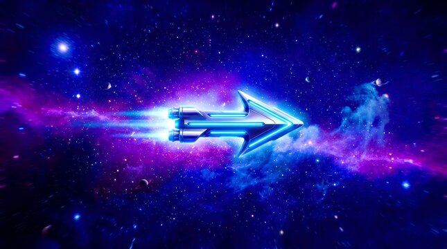 Vibrant arrow pierces cosmic swirls of purple and blue