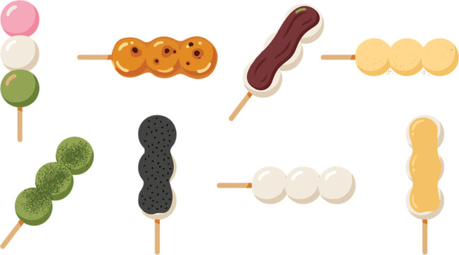 Traditional Japanese dango set with hanami mitarashi anko matcha and sesame sweet rice dumplings on sticks vector illustration collection