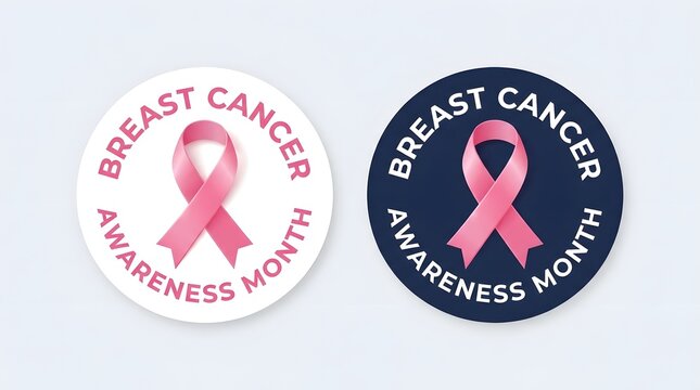 Two circular badges featuring a pink ribbon symbol representing breast cancer awareness month design elements for medical campaigns and charity events on light blue background