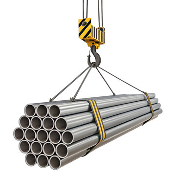 Bundle of Steel Metal Pipes Being Lifted by Industrial Crane Hook Isolated on White Background