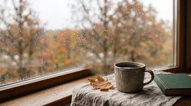Cozy autumn coffee cup on windowsill with raindrops and fall foliage view