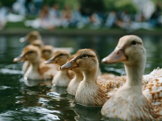 Fototapeta premium A line of fluffy ducklings swims in a calm lake with a blurred background