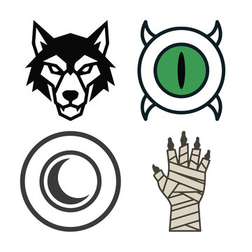 Wolf head, green eye, crescent moon, and mummy hand icons symbolize dark legends and creatures.