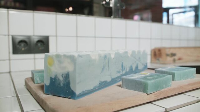 Hand sliced organic handmade soaps sliced and unlabeled. Natural Cosmetics