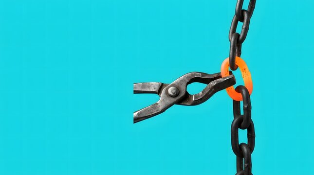 Close-up of Rusty Chain Link Being Cut by Bolt Cutter on Blue Background
