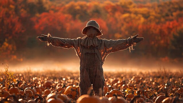 Eerie scarecrow in field of pumpkins during autumn sunset