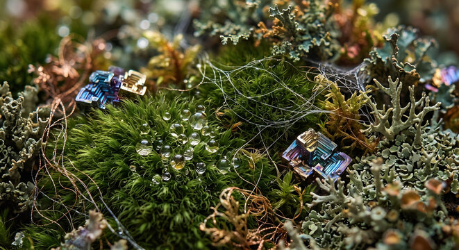 Macro close-up of iridescent bismuth crystals and water droplets resting on vibrant green woodland moss and lichen