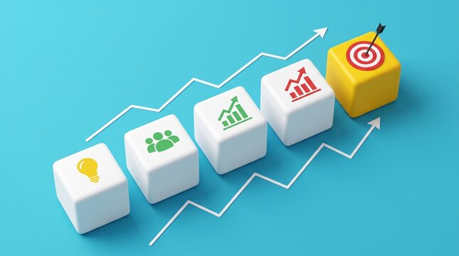 Business growth strategy concept with 3D blocks, rising arrow graph showing financial success, target goal achievement on blue background