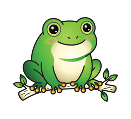 Obraz premium Cute Cartoon Green Tree Frog Sitting on Branch Vector Illustration Isolated on White Background