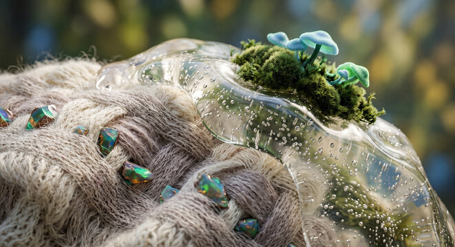 Surreal macro composition of tiny glowing blue mushrooms and moss on a clear glass shape resting on chunky knit fabric with opal gems