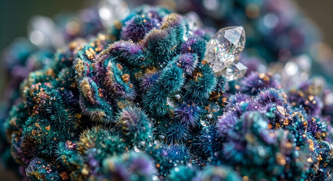 Macro view of velvety teal and purple botanical texture with embedded quartz points and gold details.