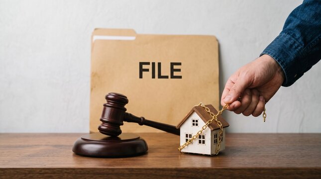 Foreclosure concept with wooden judge gavel and house model chained to hand, legal file folder on desk, property law and real estate auction imagery