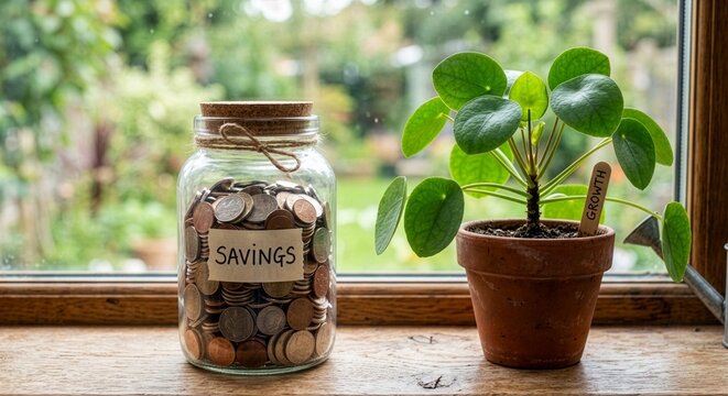 Savings jar filled with coins beside small plant, financial growth concept.