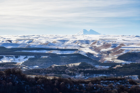 Mount Elbrus winter landscape from Kislovodsk city park, Stavropol region of Russia
