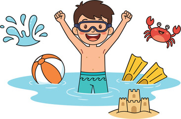 Happy boy in swimming goggles playing in water with beach ball sandcastle crab and flippers vector illustration elements set © MST