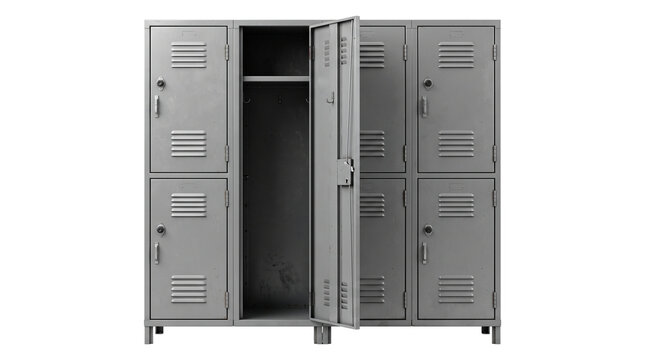 Old metal locker cabinet with open door on transparent background ideal for school or gym storage concepts.