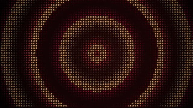 Binary digits forming pulsing concentric rings in dark digital tunnel radial animation, symmetrical, ones and zeros, circular pattern