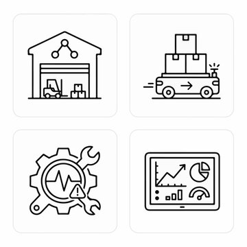 Smart warehouse automation icons, industrial logistics and supply chain management vector set, automated robot delivery and predictive maintenance symbols