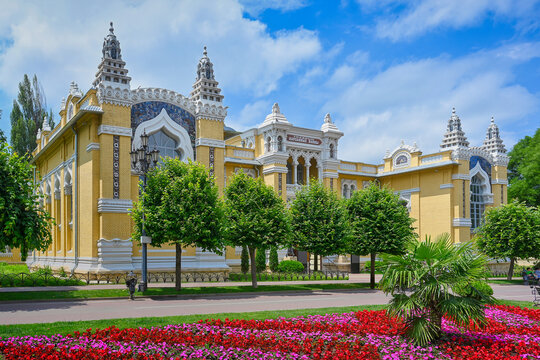 Bright flower bed near the Main Narzan Baths on Kurortny Boulevard in Kislovodsk, Stavropol region of Russia