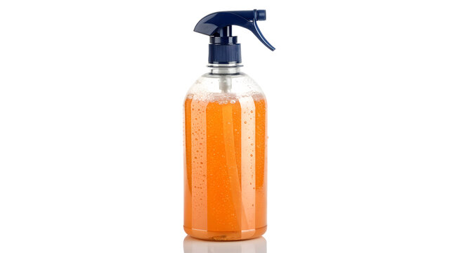 Clear Plastic Spray Bottle with Orange Liquid and Blue Trigger Sprayer Isolated on White Background