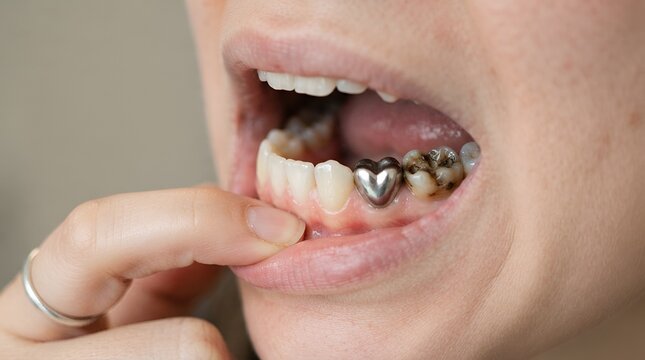 Close up of a human mouth showing a silver heart shaped dental crown on a tooth next to a decayed tooth with visible dark cavity and plaque