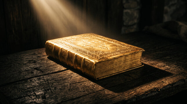 Old leather book illuminated by light on wooden table.