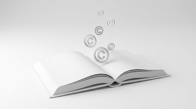 Open book with floating copyright icons above pages.