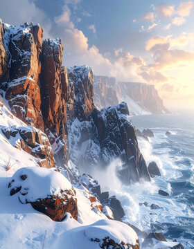 Snowy cliffs coastal landscape
