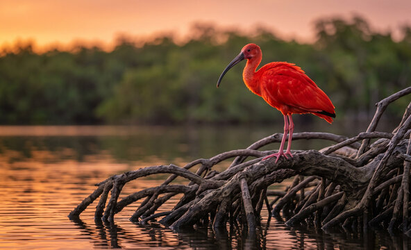 A solitary Scarlet Ibis perched atop twisted mangrove roots overlooking tropical wetlands
