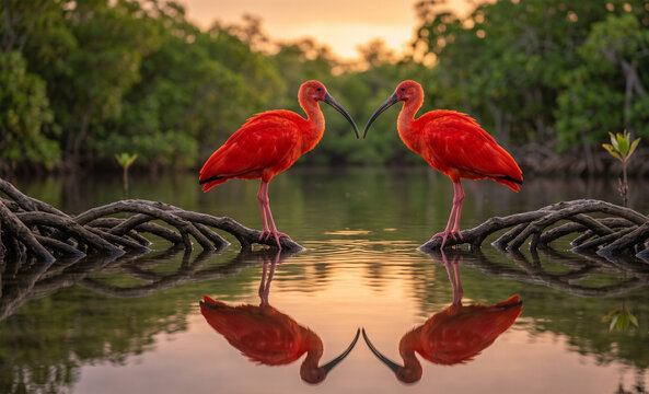  A perfectly matched breeding pair of Scarlet Ibises facing one another in shallow water