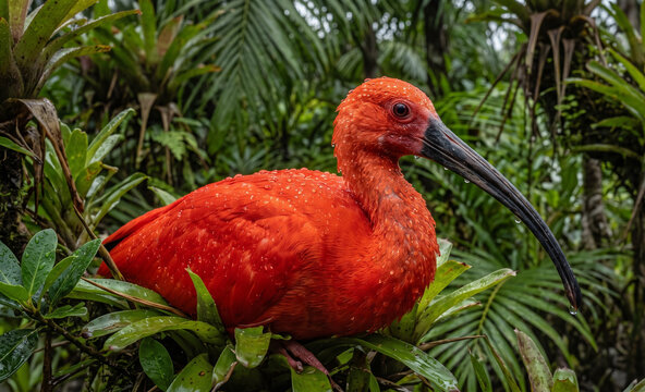  Scarlet Ibis resting quietly among dense tropical foliage after rainfall