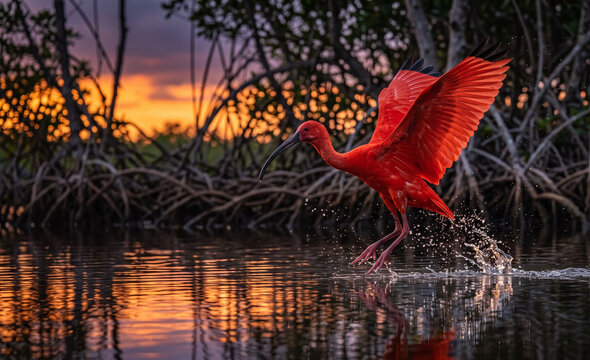 A Scarlet Ibis captured the instant it lands gracefully in a mangrove lagoon