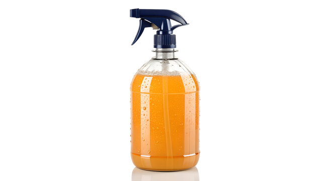 Clear Plastic Spray Bottle with Orange Liquid and Blue Trigger Sprayer Isolated on White Background
