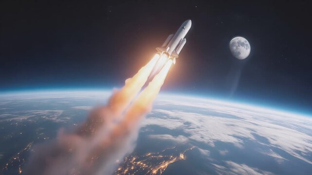 Space rocket launching from Earth orbit toward the moon. Multi-stage spacecraft ascending with fire and smoke trails above planet surface. Tilt up camera movement.