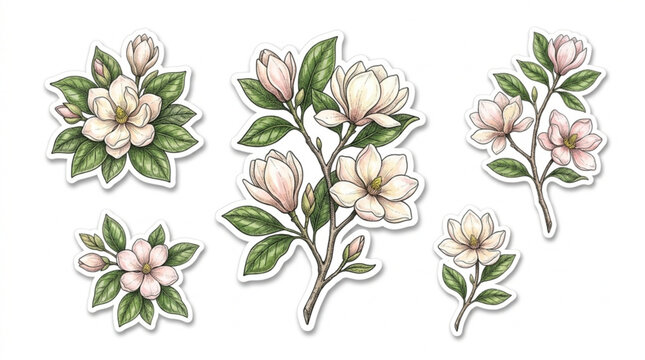 Delicate watercolor illustrations of blooming apple and cherry blossoms in soft pastel colors on white background for spring and nature themes