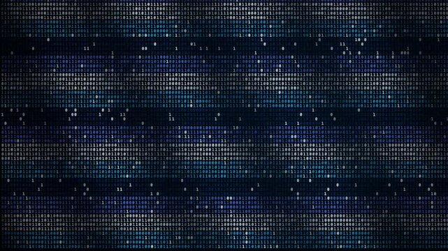 Binary code scrolling on dark digital screen with horizontal movement, static view, blue, grid pattern