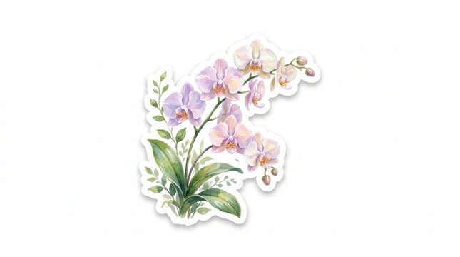 Delicate watercolor orchid plant with purple and pink flowers and green leaves on white background suitable for botanical illustrations and floral designs