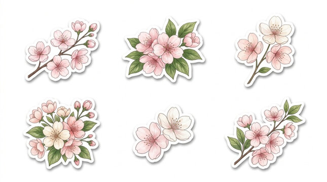 Collection of delicate pink cherry blossom flowers with green leaves suitable for springtime nature and floral design projects