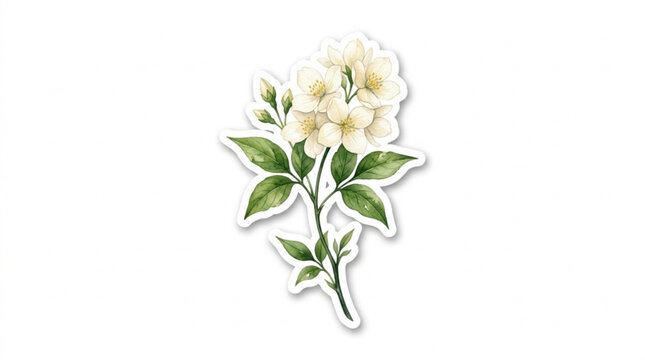 Delicate white flower illustration with green leaves on a plain background suitable for botanical design
