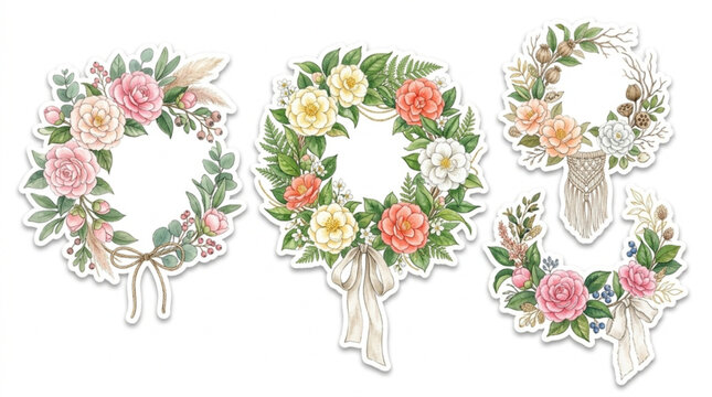 Set of watercolor floral wreaths with pink white and peach flowers and green leaves perfect for decoration invitations and crafts