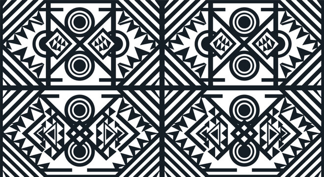 Geometric Seamless Aztec Pattern Background with Monochrome Tribal Shapes and Abstract Indigenous Vector Ornaments for Fashion Textiles, Wallpaper, and Graphic Packaging Designs
