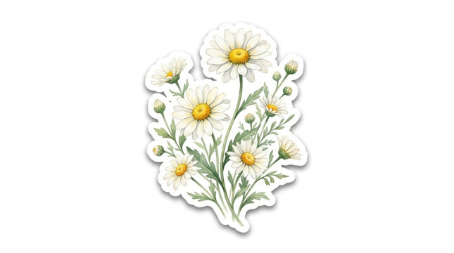 Delicate white daisies with yellow centers and green leaves on white background perfect for floral design and nature themes