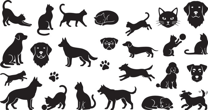 A collection of various domestic animal icons featuring dogs and cats presented in a clean and minimalist black graphic style silhouette