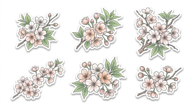 set of delicate peach and pink blossom stickers with green leaves for decoration and craft projects