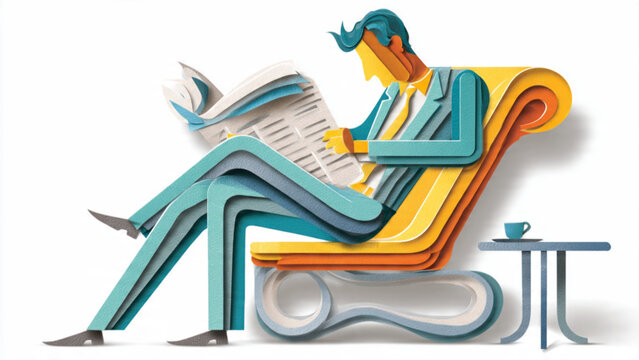 Stylish woman reading book on vibrant contemporary chair in cozy home interior with side table and plant for lifestyle and leisure scenes