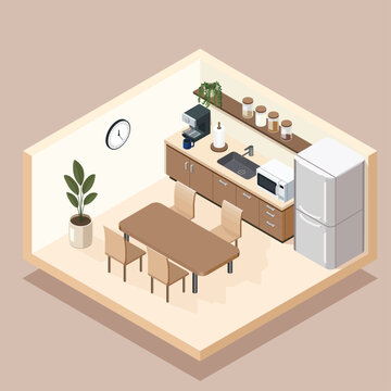 Modern isometric office kitchen vector illustration with dining area and coffee station