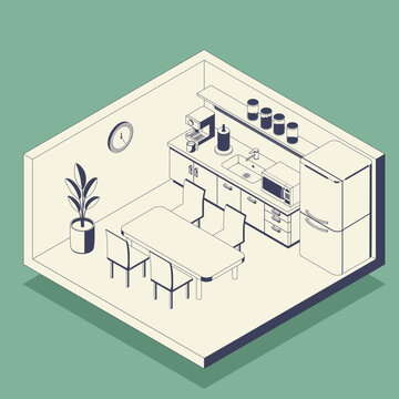 Isometric office kitchen line art vector illustration with dining area and coffee station