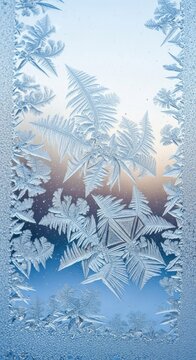 A detailed macro shot of delicate ice crystals and frozen patterns sprawling across a window pane during a frigid and cold winter morning, blue, crystal, cooling