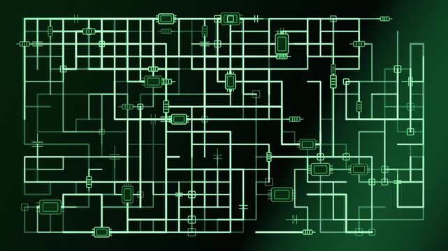 Electronic circuitry shifting in digital background horizontal shift, straight on, neon green, glowing