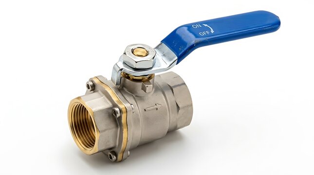 Industrial brass ball valve with blue handle isolated on white background for plumbing system